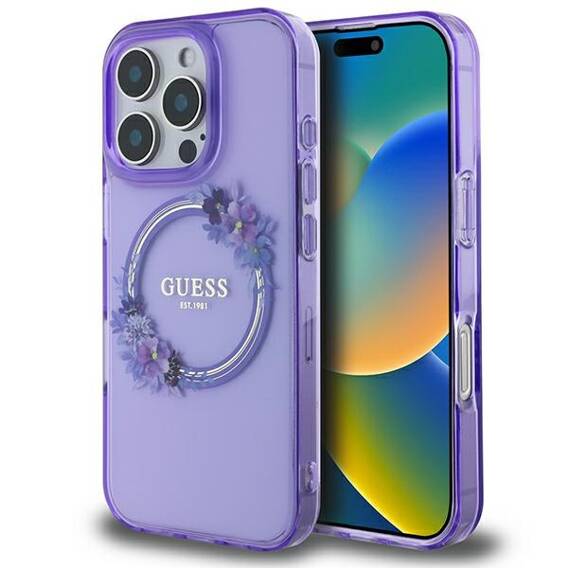 Original Case IPHONE 16 PRO Guess Hardcase IML Flowers Wreath MagSafe (GUHMP16LHFWFCU) purple