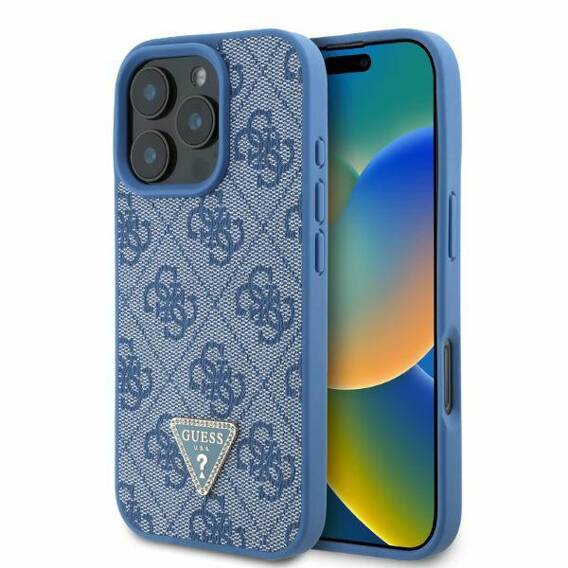 Original Case IPHONE 16 PRO Guess Hardcase Leather 4G Triangle Strass MagSafe (GUHCP16LP4TDPB) blue