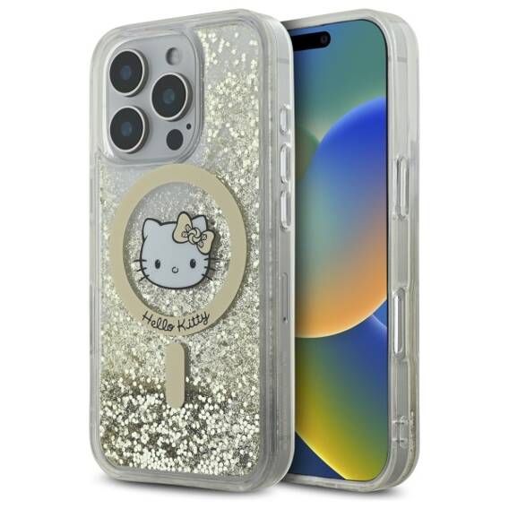 Original Case IPHONE 16 PRO Hello Kitty Hardcase Liquid Glitter Fever MagSafe (HKHMP16LLGDIH) gold & white