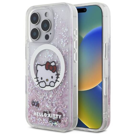 Original Case IPHONE 16 PRO Hello Kitty Hardcase Liquid Glitter Sweet Kitty Bows MagSafe (HKHMP16LLSWKH) white