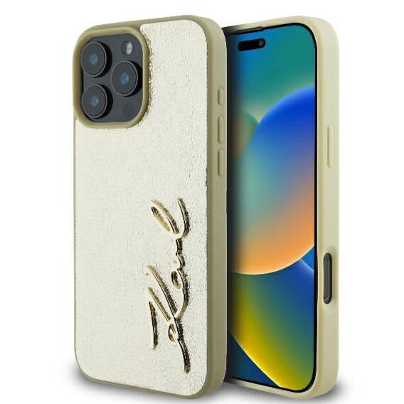 Original Case IPHONE 16 PRO Karl Lagerfeld Hardcase Metal Signature (KLHCP16LPFMFBKMD) gold