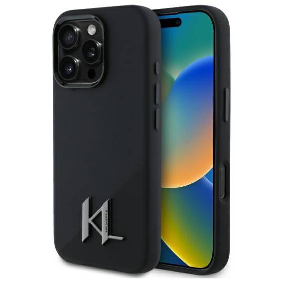 Original Case IPHONE 16 PRO Karl Lagerfeld Hardcase Silicone Shadow Metal Initial MagSafe (KLHMP16LSCMKMPCK) black