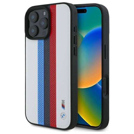 Original Case IPHONE 16 PRO MAX BMW Hardcase M Perforated Tricolor Printed Stripes MagSafe (BMHMP16X23PUPTH) white