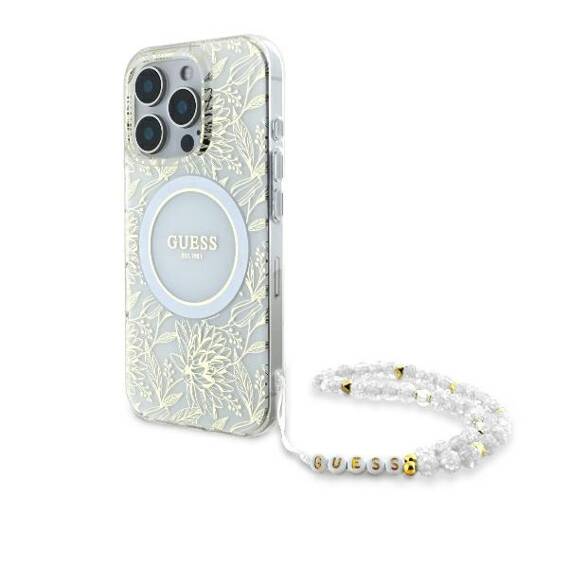 Original Case IPHONE 16 PRO MAX Guess Hardcase IML Flowers Allover Electro With Pearl Strap MagSafe (GUHMP16XHCPOFPH) white