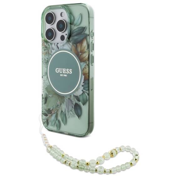 Original Case IPHONE 16 PRO MAX Guess Hardcase IML Flowers With Pearl Strap MagSafe (GUHMP16XHFWBRCESN) green