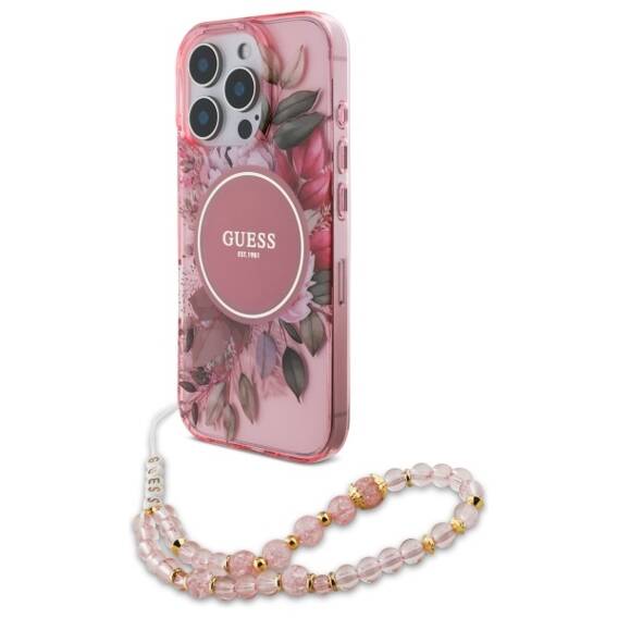 Original Case IPHONE 16 PRO MAX Guess Hardcase IML Flowers With Pearl Strap MagSafe (GUHMP16XHFWBRCESP) pink