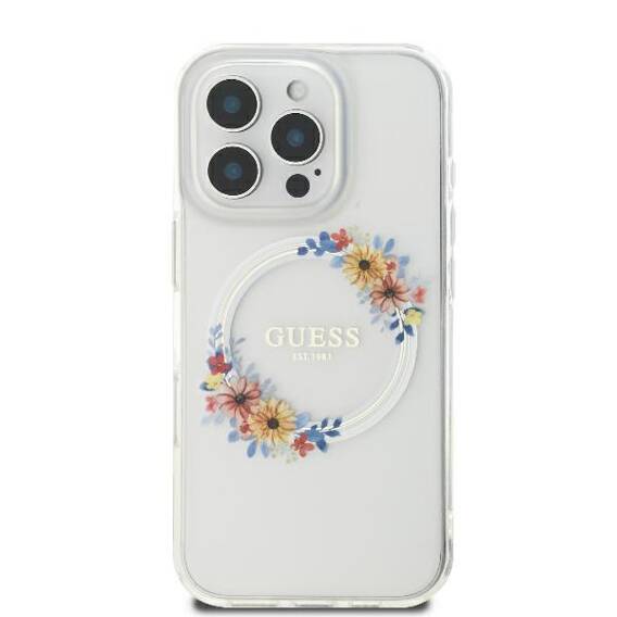 Original Case IPHONE 16 PRO MAX Guess Hardcase IML Flowers Wreath MagSafe (GUHMP16XHFWFCT) transparent