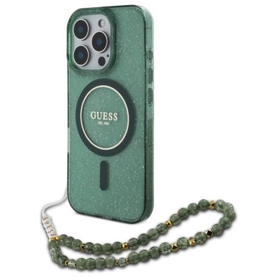 Original Case IPHONE 16 PRO MAX Guess Hardcase IML Glitter With Pearl Strap MagSafe (GUHMP16XHGCRELSA) green