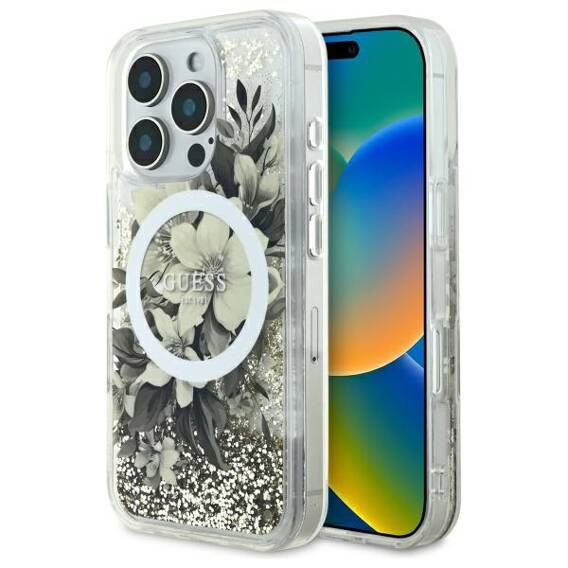 Original Case IPHONE 16 PRO MAX Guess Hardcase Liquid Glitter Flower MagSafe (GUHMP16XLFMWTE) beige