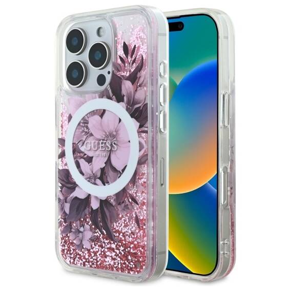 Original Case IPHONE 16 PRO MAX Guess Hardcase Liquid Glitter Flower MagSafe (GUHMP16XLFMWTP) pink