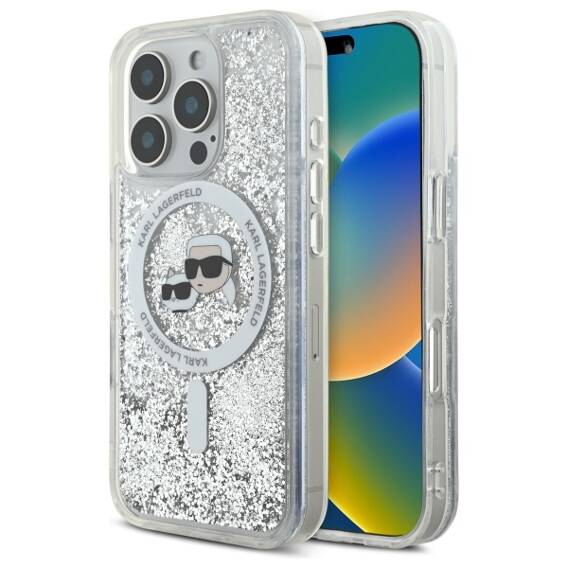 Original Case IPHONE 16 PRO MAX Karl Lagerfeld Hardcase Liquid Glitter Karl&Choupette Head MagSafe (KLHMP16XLGKCSGH) transparent