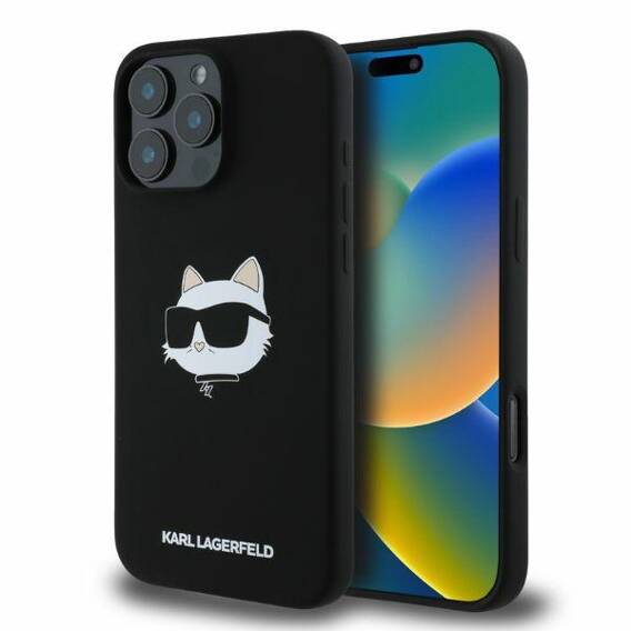 Original Case IPHONE 16 PRO MAX Karl Lagerfeld Hardcase Silicone Choupette Head Print MagSafe black