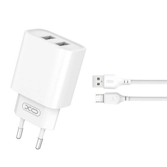 Power charger 10W 2xUSB + Micro-USB cable 2.1A XO CE02C white