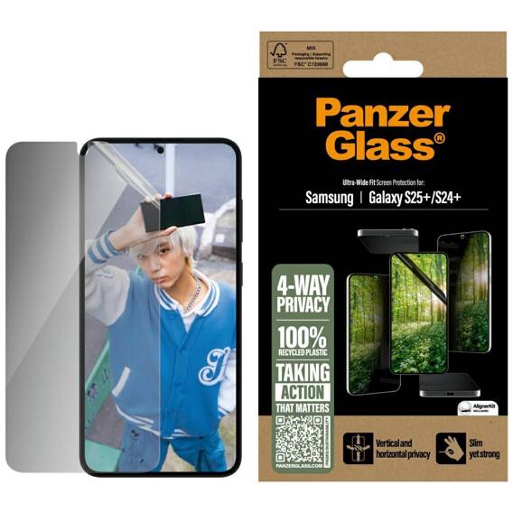 Privatizing Glass SAMSUNG GALAXY S25+ PanzerGlass Eco Matrix Ultra-Wide Fit Privacy Screen Protector