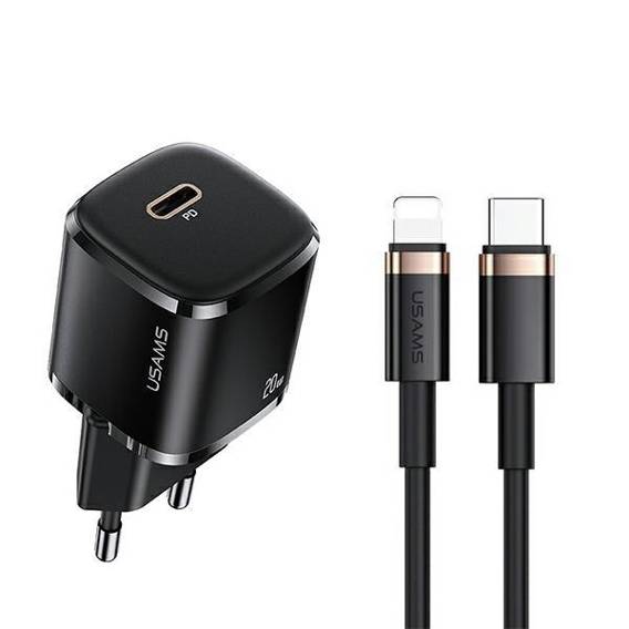 USAMS Lad. network. 1xUSB-C T36 mini 20W + USB-C-Lightning cable black/black PD3.0 Fast Charging XFKXLOGTL01 (US-CC124+US-SJ484)