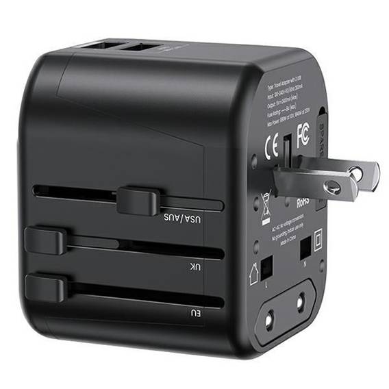 USAMS Lad. network. 2xUSB T55 12W adapter 4in1 US/AU/EU/UK black/black CC173TC01 (US-CC173) Univesal Travel Charger