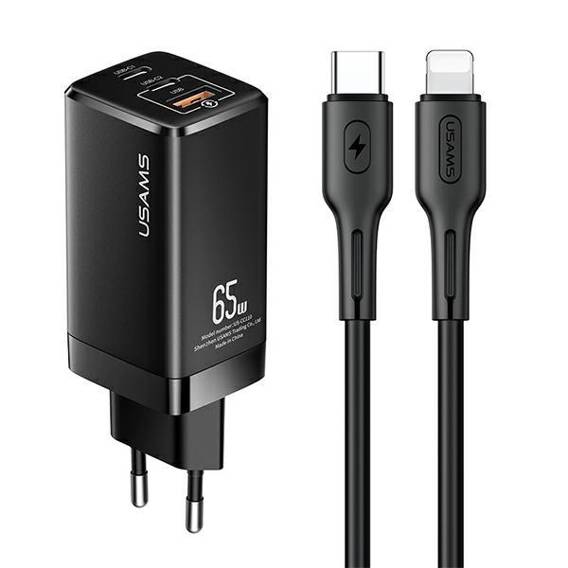 USAMS Lad. network. MT 2xUSB-C+USB GaN 65W T33 PD + USB-C-Lightning cable 30W Fast Charging black/black MTXLOGTL01