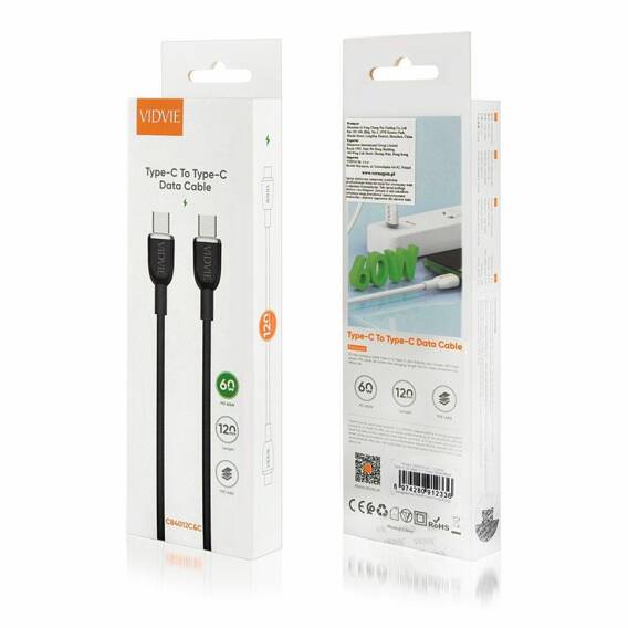 VIDVIE CB4012 Type C/Type C cable 60W PD, 3A, 1.2m black