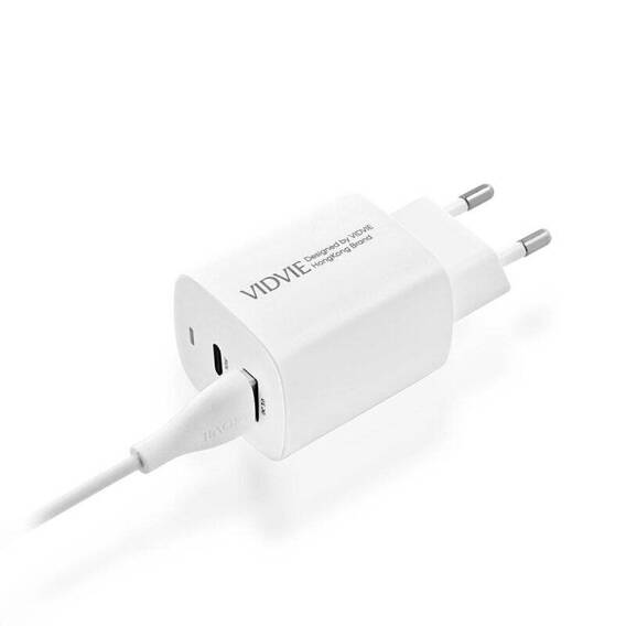 VIDVIE PLE248 mains charger 1xUSB + 1xType C + iPhone cable 3A PD 20W white