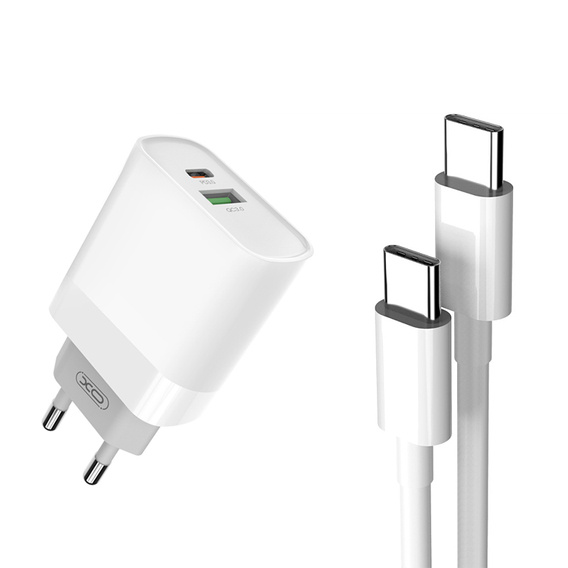 Wall Charger 18W USB QC3.0 + PD USB-C + Cable 1m USB-C - USB-C XO L64 white