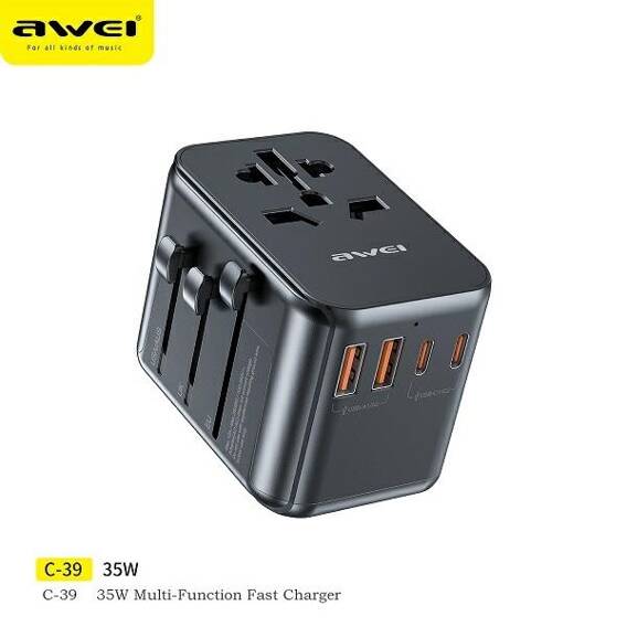 Wall Charger 35W 4in1 Adapter 2xUSB+3xUSB-C AWEI C-39 US/AU/EU/UK Univesal Travel GaN Charger black