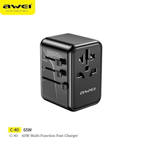 Wall Charger 65W 4in1 Adapter 2xUSB+3xUSB-C AWEI C-40 US/AU/EU/UK Univesal Travel GaN Charger black