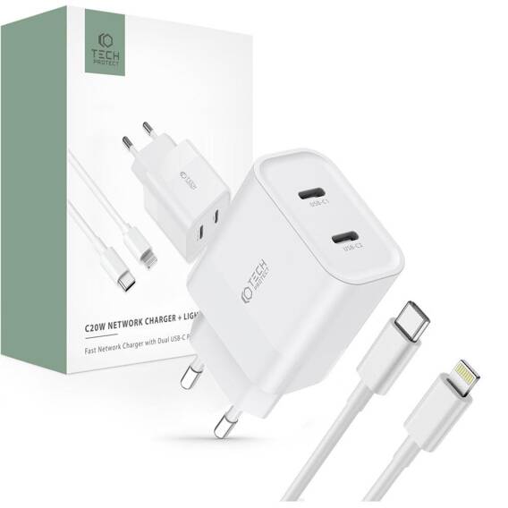 Wall Charger PD 20W 2x USB-C + Cable USB-C - Lightning Tech-Protect C20W white