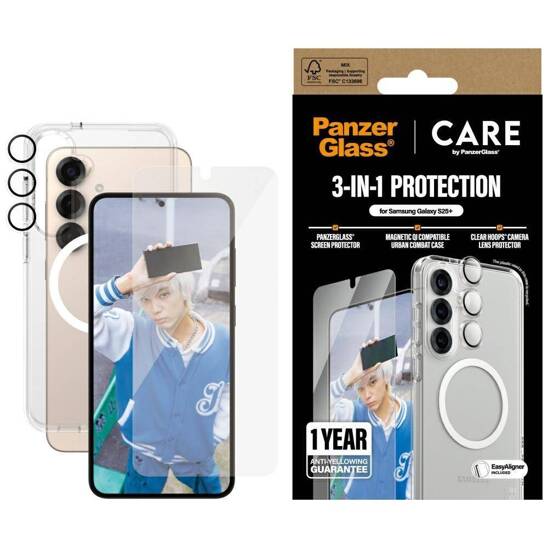 3in1 Set SAMSUNG GALAXY S25+ Case + Tempered Glass + Lens Glass CARE by PanzerGlass Flagship Clear transparent