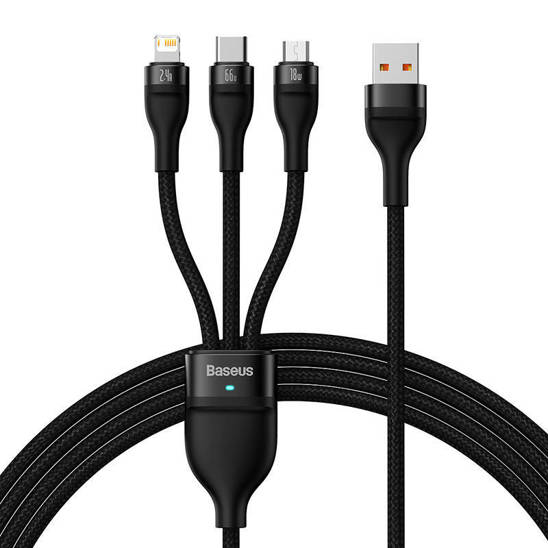 3in1 USB cable Baseus Flash II Series, USB-C + micro USB + Lightning, 66W, 1.2m (Black)