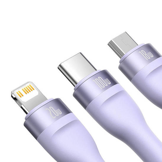 3in1 USB cable Baseus Flash Series 2, USB-C + micro USB + Lightning, 100W, 1.2m (purple)