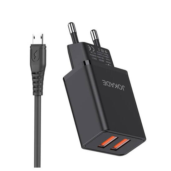 5V/3A mains charger (2x USB) + 1m cable (USB - microUSB) Jokade Liangzi Dual Port Smart EU Charger Set (JB024) black