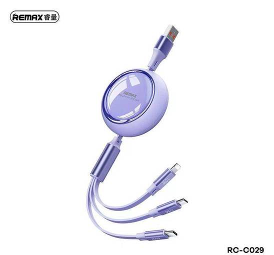 66W 3in1 Retractable Cable USB - USB-C + Lightning + Micro USB Remax Linon Series RC-C029 purple