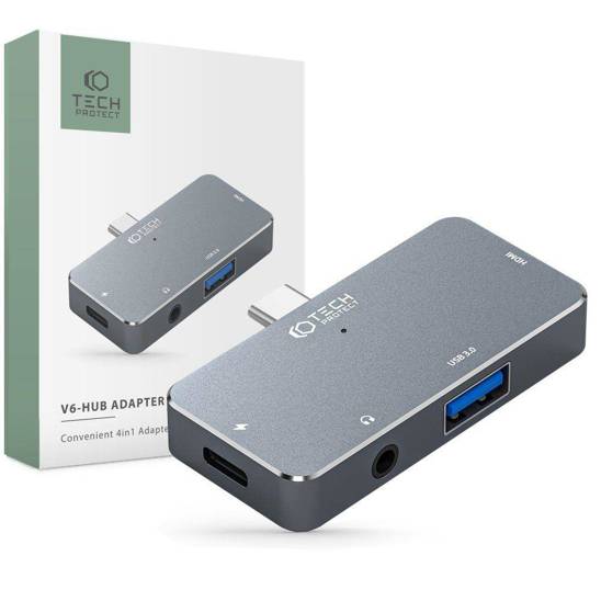Adapter HUB 4in1 SB-C - USB + USB-C + HDMI + AUX Minijack 3.5mm Tech-Protect V6 grey