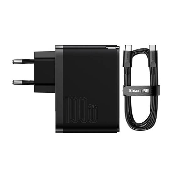 Baseus GaN USB-C + USB wall charger, 100W + 1m cable (black)