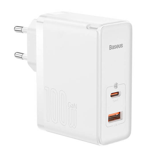 Baseus GaN5 Pro USB-C + USB wall charger, 100W  + 1m cable (white)