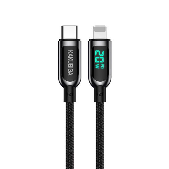 Cable USB Type C - Apple Lightning 20W 1.2m LED Display Fast Charging & Data Transfer Kakusiga Digital Display Fast Charging Data Cable USB-C (KSC-599) black