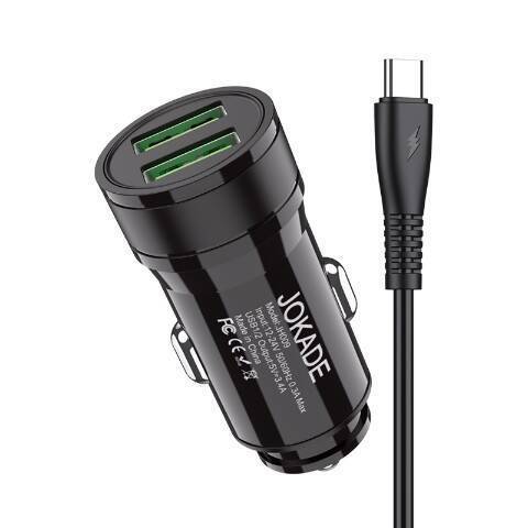 Car Charger 5V/3.4A (2x USB) + Cable (USB - USB-C) Jokade Fengchen Smart Dual Port Car Charger Set (JH010) black