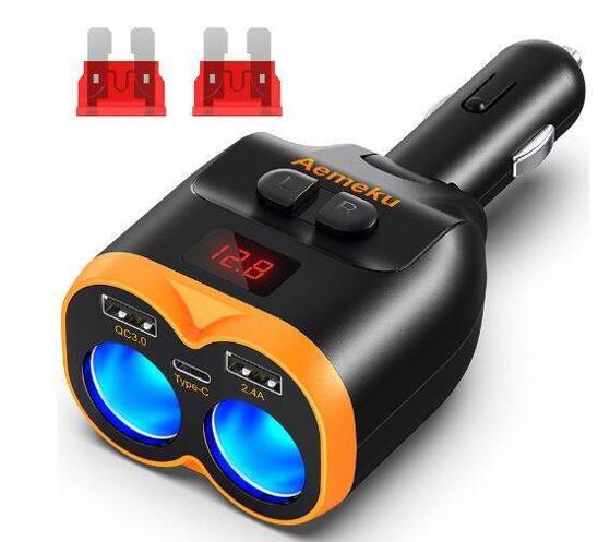 Car Charger / Splitter with Display 116F black and orange