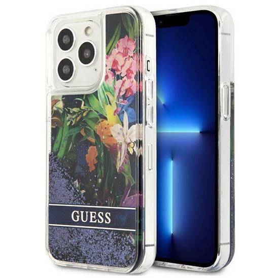 Case IPHONE 13 PRO MAX Guess Hardcase Flower Liquid Glitter (GUHCP13XLFLSB) blue