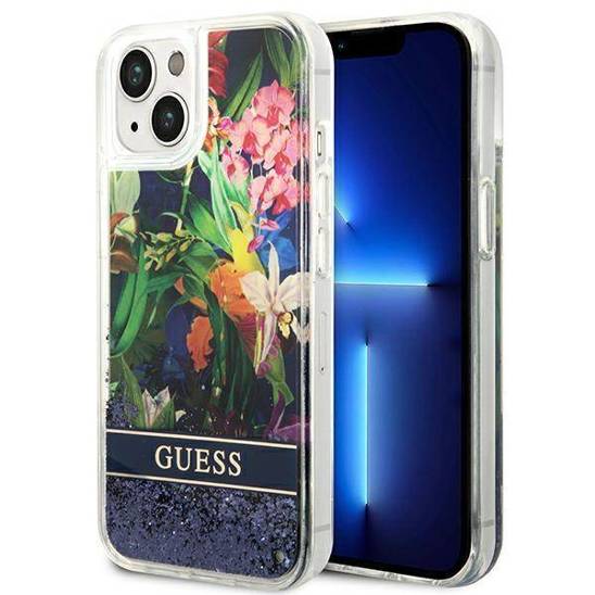 Case IPHONE 14 Guess Hardcase Flower Liquid Glitter blue