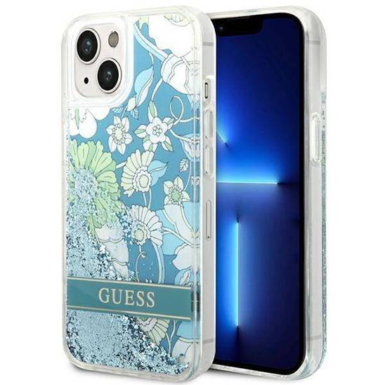 Case IPHONE 14 Guess Hardcase Flower Liquid Glitter green