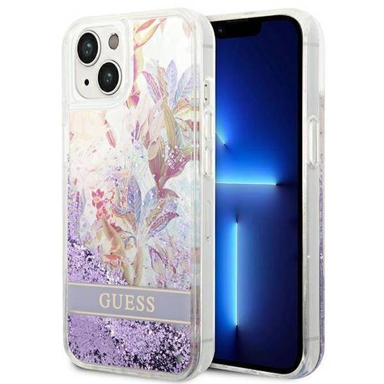 Case IPHONE 14 PLUS Guess Hardcase Flower Liquid Glitter purple