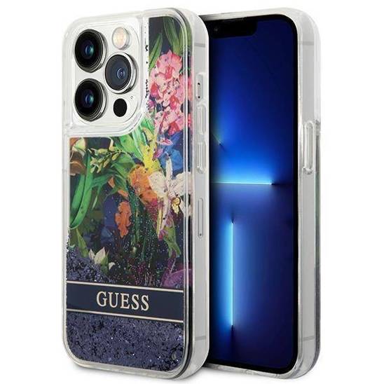 Case IPHONE 14 PRO Guess Hardcase Flower Liquid Glitter blue