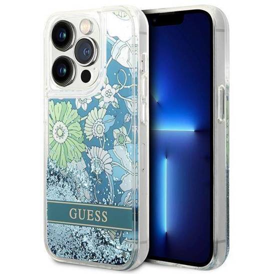 Case IPHONE 14 PRO Guess Hardcase Flower Liquid Glitter green