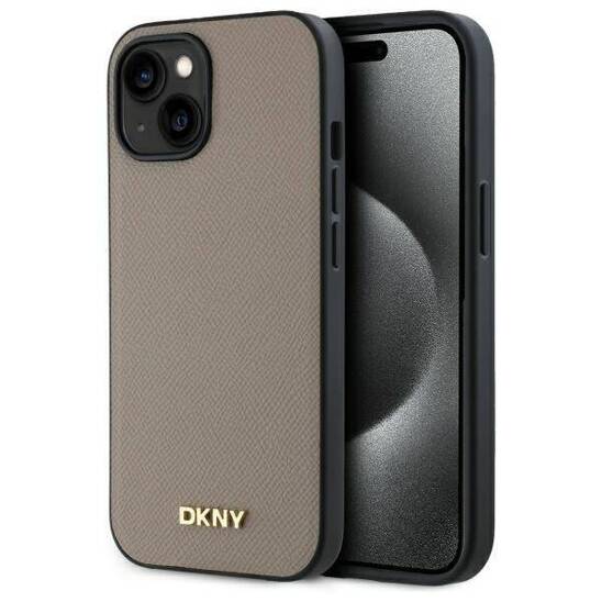 Case IPHONE 15 DKNY Hardcase Grained Metal Logo MagSafe (DKHMP15SPGHLME) beige