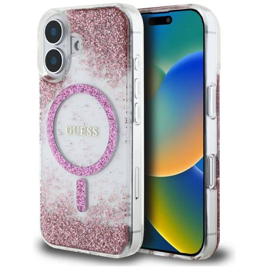 Case IPHONE 16 Guess HC Resin Bottom Glitter pink