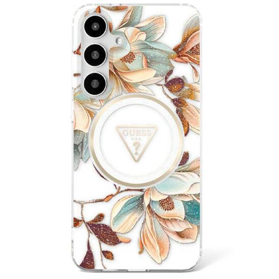 Case SAMSUNG GALAXY S25 ULTRA Guess Glitter Flowers Triangle Buttons MagSafe white