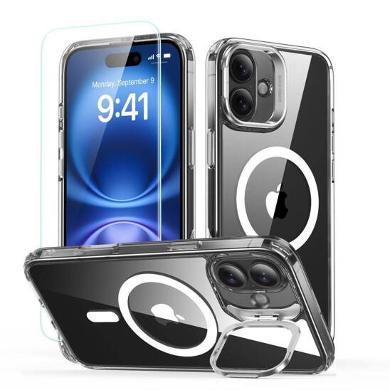 Case with stand + tempered glass IPHONE 16 ESR Classic Hybrid Kickstand Halolock MagSafe & Tempered Glass Clear transparent