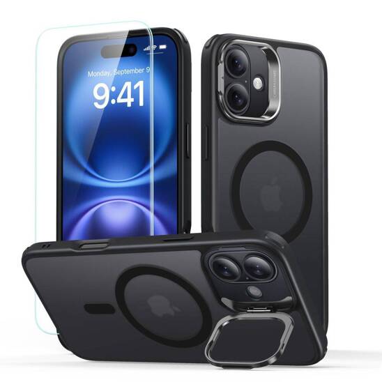 Case with stand + tempered glass IPHONE 16 ESR Classic Hybrid Kickstand Halolock MagSafe & Tempered Glass Frosted black