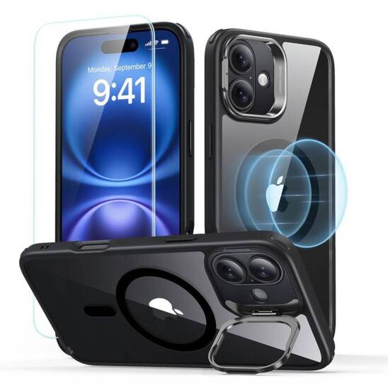 Case with stand + tempered glass IPHONE 16 PLUS ESR Classic Hybrid Kickstand Halolock MagSafe & Tempered Glass Clear black